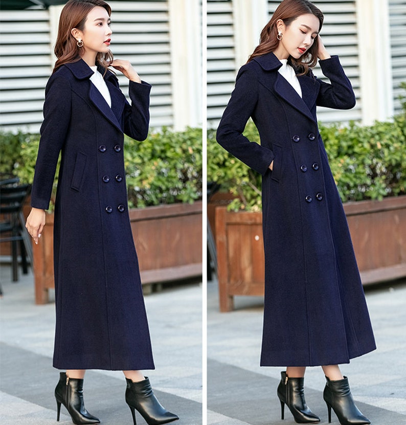 Black Wool coat, Double breasted wool coat, Long wool coat for winter, Long sleeves wool coat, Autumn winter coat, custom made coat 2461 3-blue