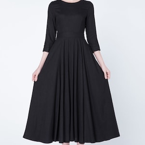 Black dress, linen dress, maxi dress, pleated dress, party dress, evening dress, round collar, 3/4 sleeves dress, ladies dresses 1728 image 2