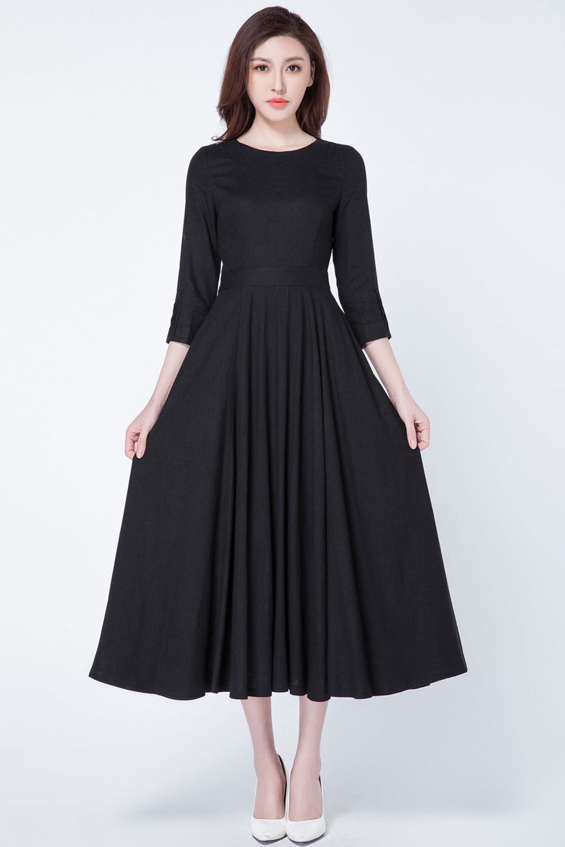 Black dress, linen dress, maxi dress, pleated dress, party dress, evening dress, round collar, 3/4 sleeves dress, ladies dresses 1728 image 2