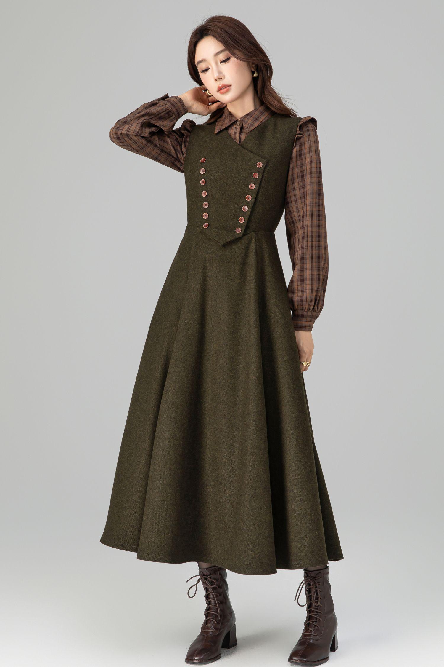 Army Green Wool Pinafore Dress: Sleeveless Midi A-line - Xiaolizi