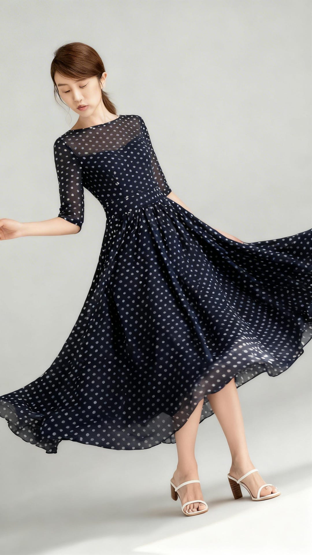 chinese dress ladies Women's Swing Chiffon Polka Dot Maxi Dress 3396 – Xiaolizi