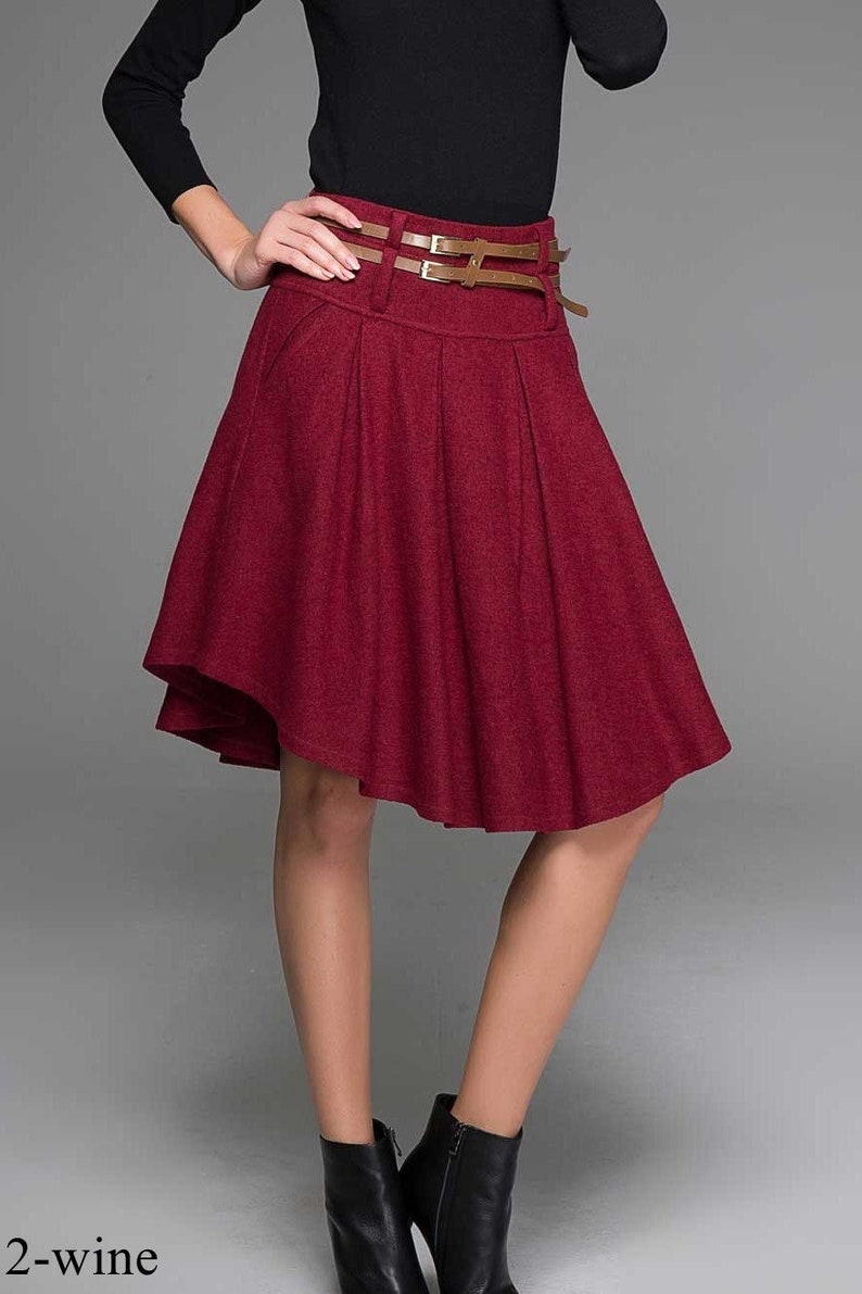 Winter Asymmetrical Wool Skirt Women, Pleated Wool Midi Skirt, Skater Skirt with pocket, Wool Circle skirt, Retro Grey Skirt XiaoLizi 0359 2-wine