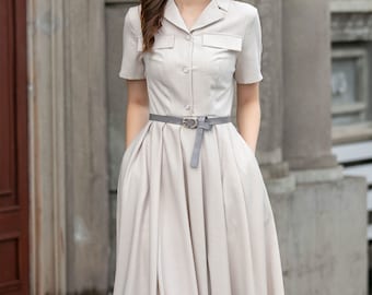 Military-inspired Dress, Short Sleeve Button up Shirt Dress, Swing