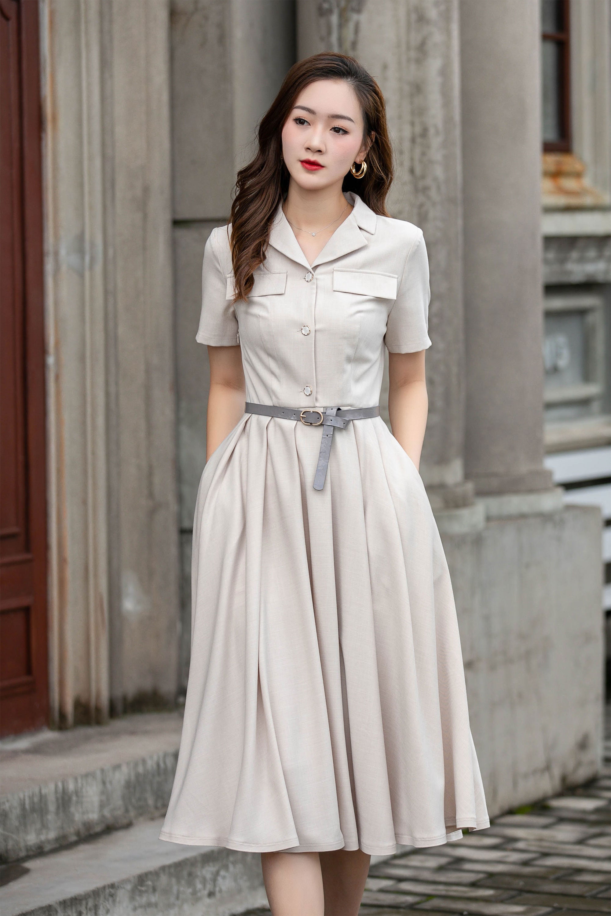 military shirt dress Army Green Polyester Midi Shirtwaist Dress - Pleated Waist, Short Sleeve 3703