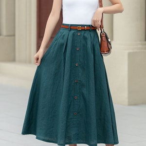 Linen skirt, Women's Midi skirt, A-Line linen Skirt, Button front Skirt, Dark Green Midi skirt with pockets, Plus size Skirt, Xiaolizi 4970 image 3