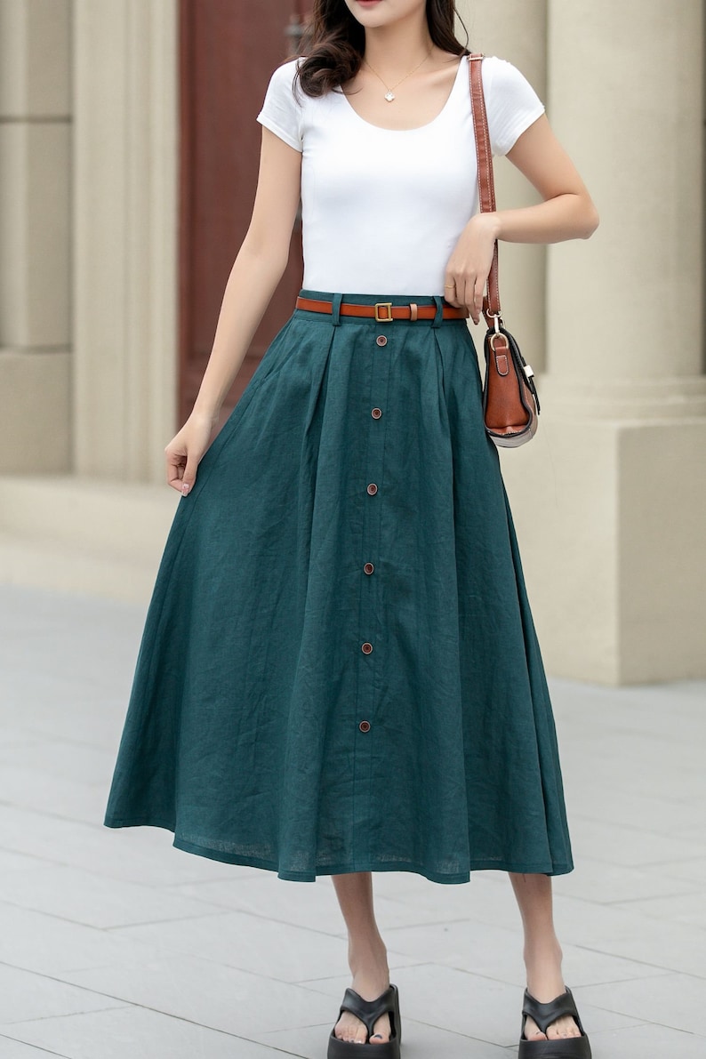Linen skirt, Women's Midi skirt, A-Line linen Skirt, Button front Skirt, Dark Green Midi skirt with pockets, Plus size Skirt, Xiaolizi 4970 image 3