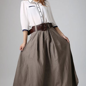 Linen Maxi skirt with big pockets, swing Long Linen Skirt for women, Asymmetrical skirt, brown skirt, casual skirt, custom skirt 0905 1-Brown-905