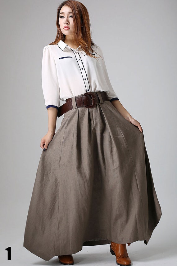 Handmade Gray Linen Maxi Skirt for Women 0905# Handmade Gray Linen Maxi Skirt for Women 0905#