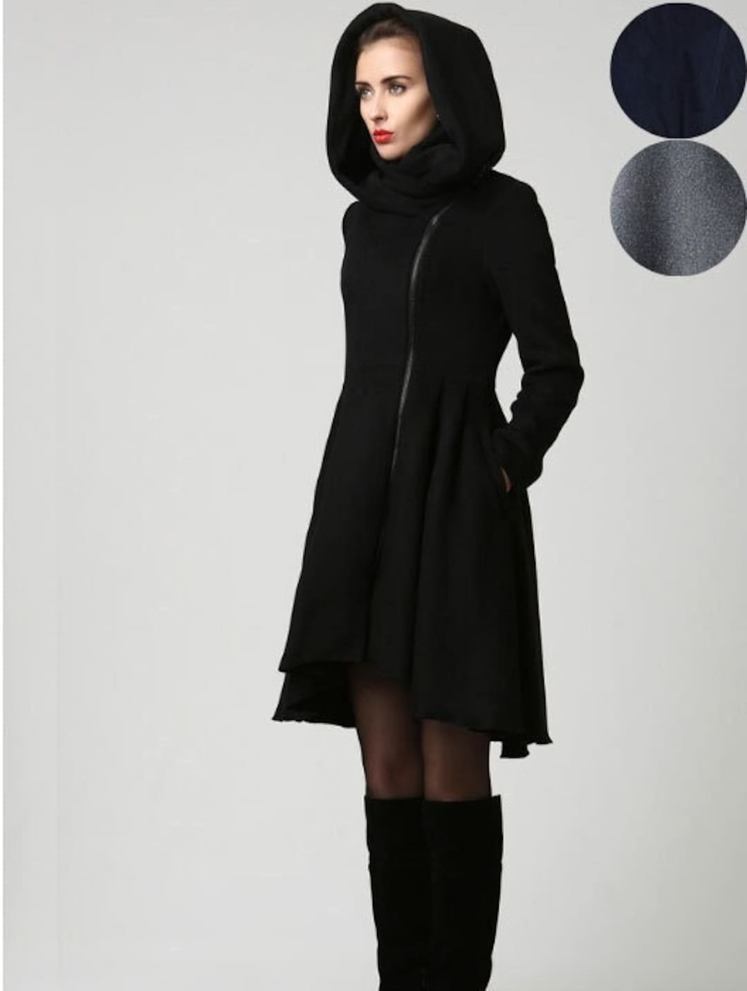 Estella | Goff Hooded Wrap Coat in Black Virgin Wool Medium