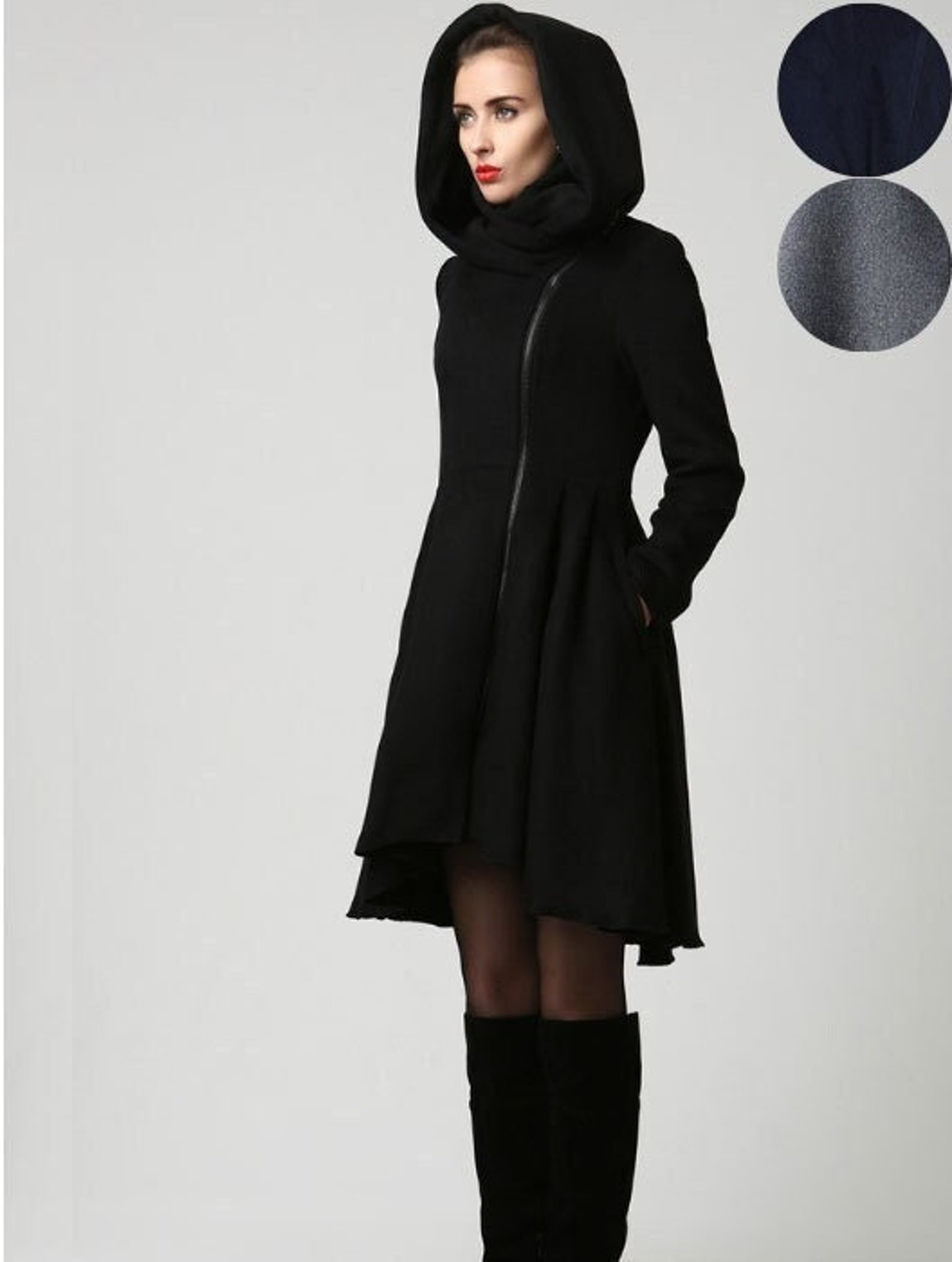Black Winter Hooded Wool Coat Women Asymmetrical Midi Wool | Etsy