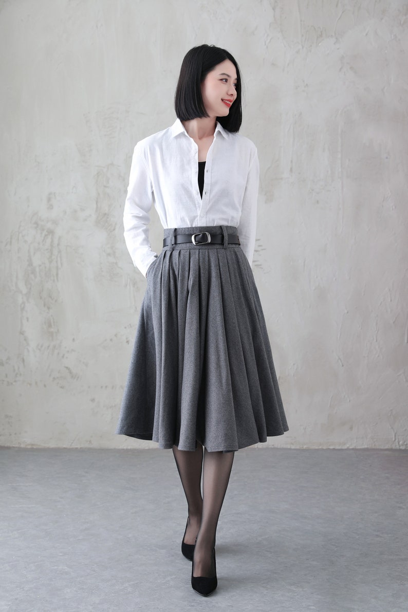 Winter Circle Wool Skirt, Wool Midi Skirt, High Waisted Skirt, Swing Wool Skirt, A Line Pleated Skirt, Full Skater Skirt, Flared Skirt 3110 4-Gray