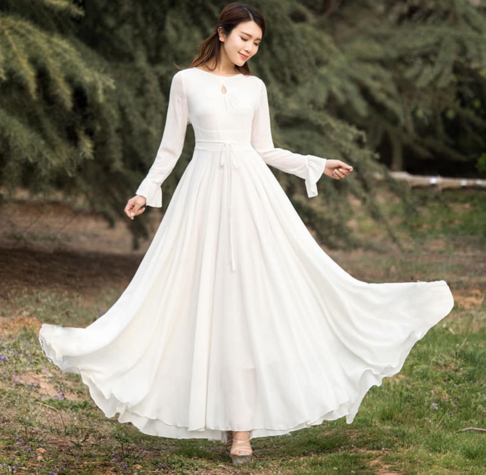 White Chiffon dress Long sleeve Bohemian Swing Chiffon dress | Etsy