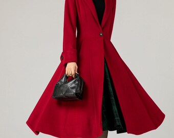 Vintage Inspired Red Swing Wool Coat, Long Wool Coat, Womens Coat