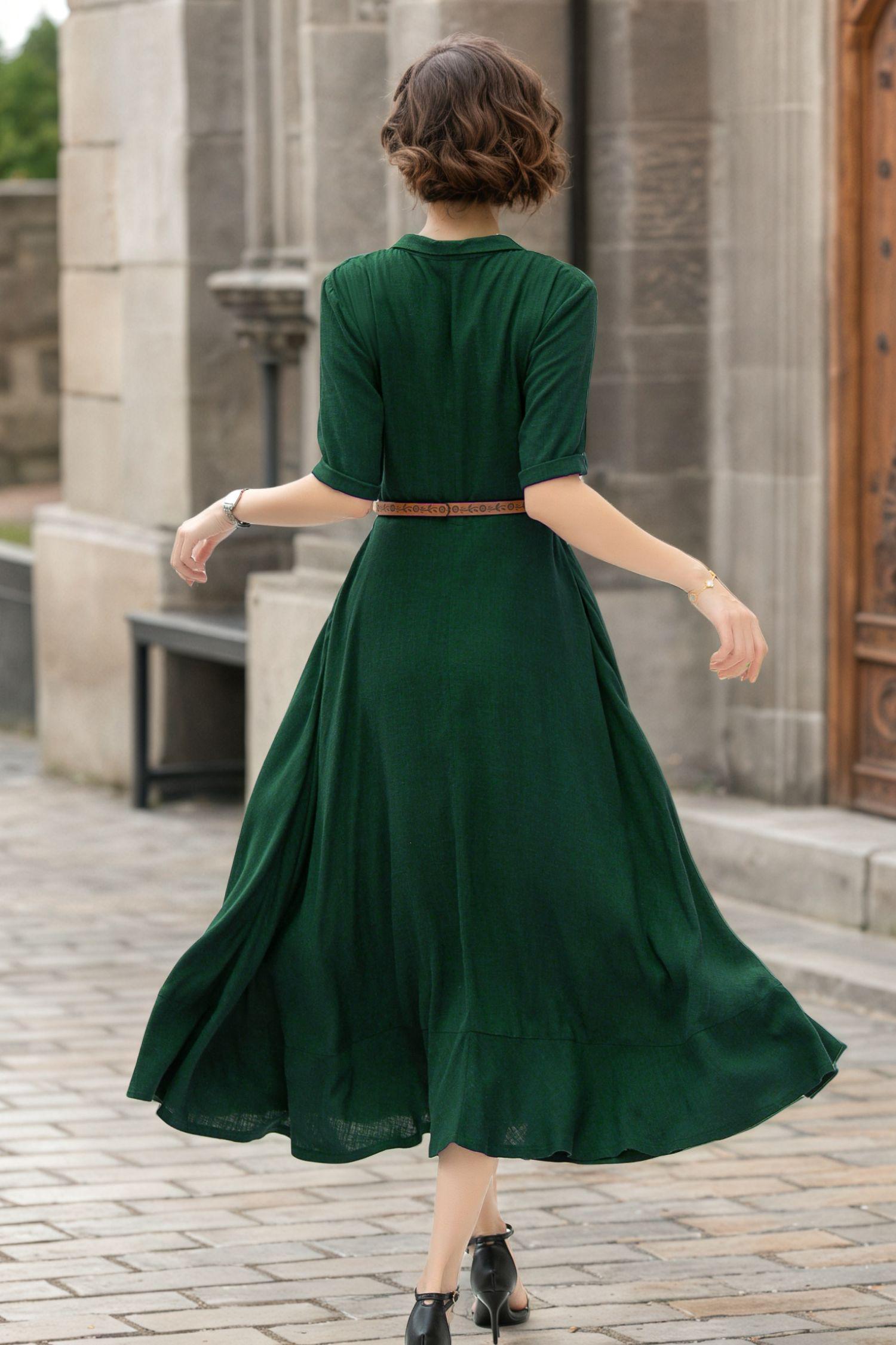 Green Linen Wrap Midi Dress: V-Neck A-Line Half Sleeve Summer Dress,  Custom, Xiaolizi 6059