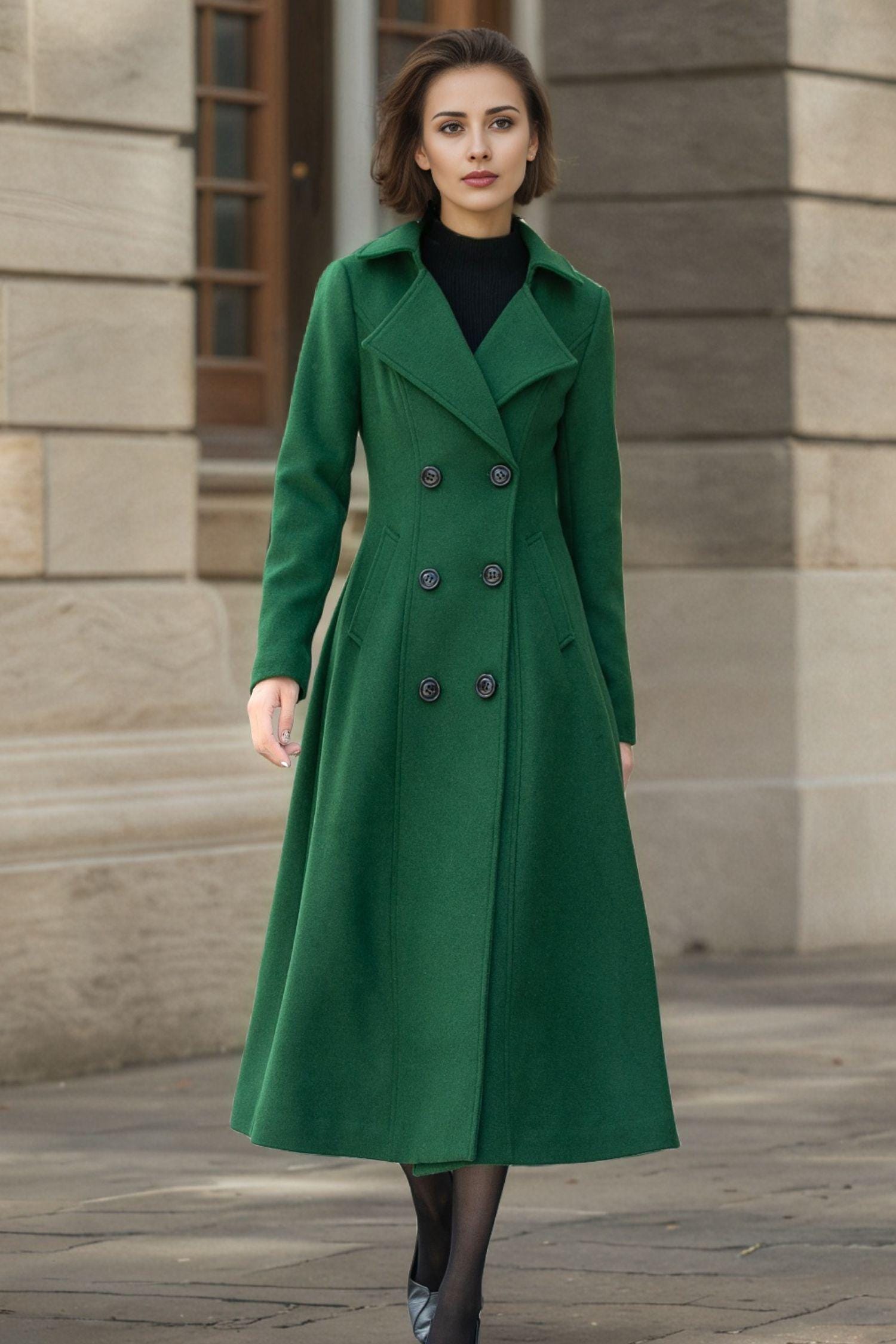 Forest Green Wool Coat: Handmade Double Breasted Winter Coat