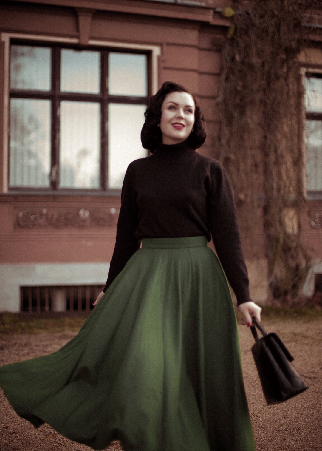 Wool Skirt, Green Midi Wool Skirt, Circle Skirt, Inspired Pleated