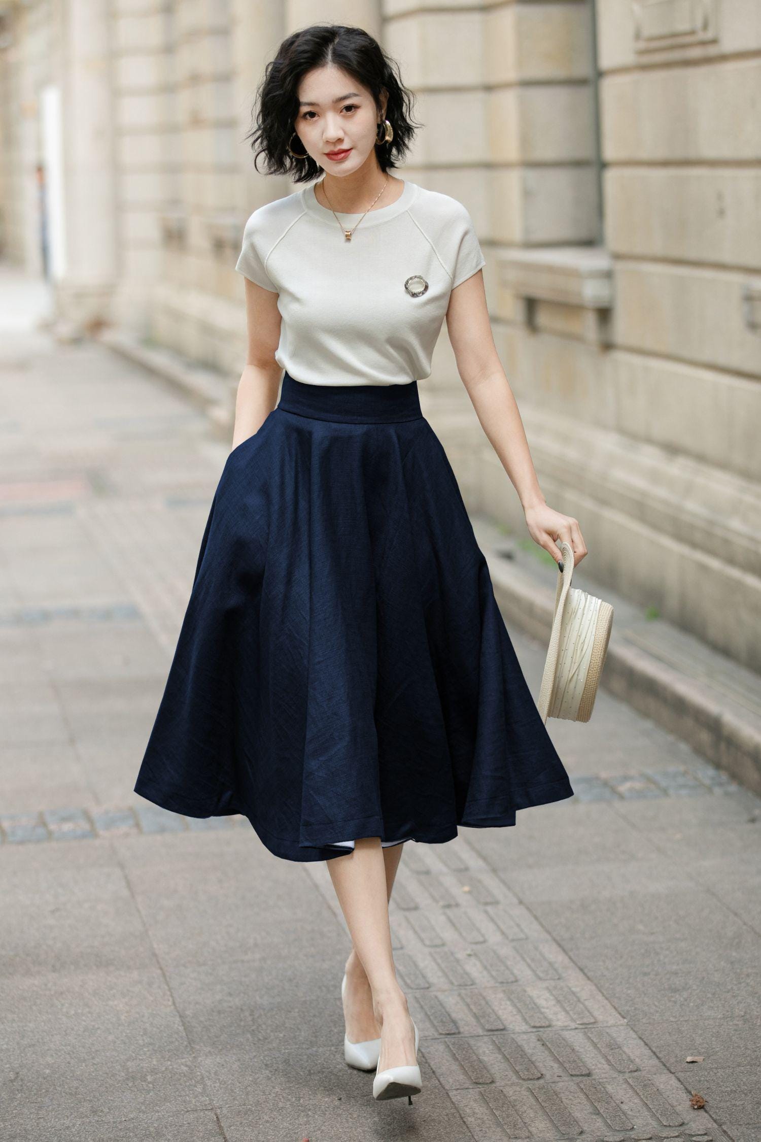 Navy Blue Linen Midi Circle Skirt: High Waisted Swing Skirt