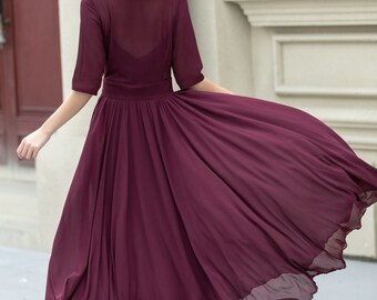 シフォンマキシドレス、フィット＆フレアシフォンドレス