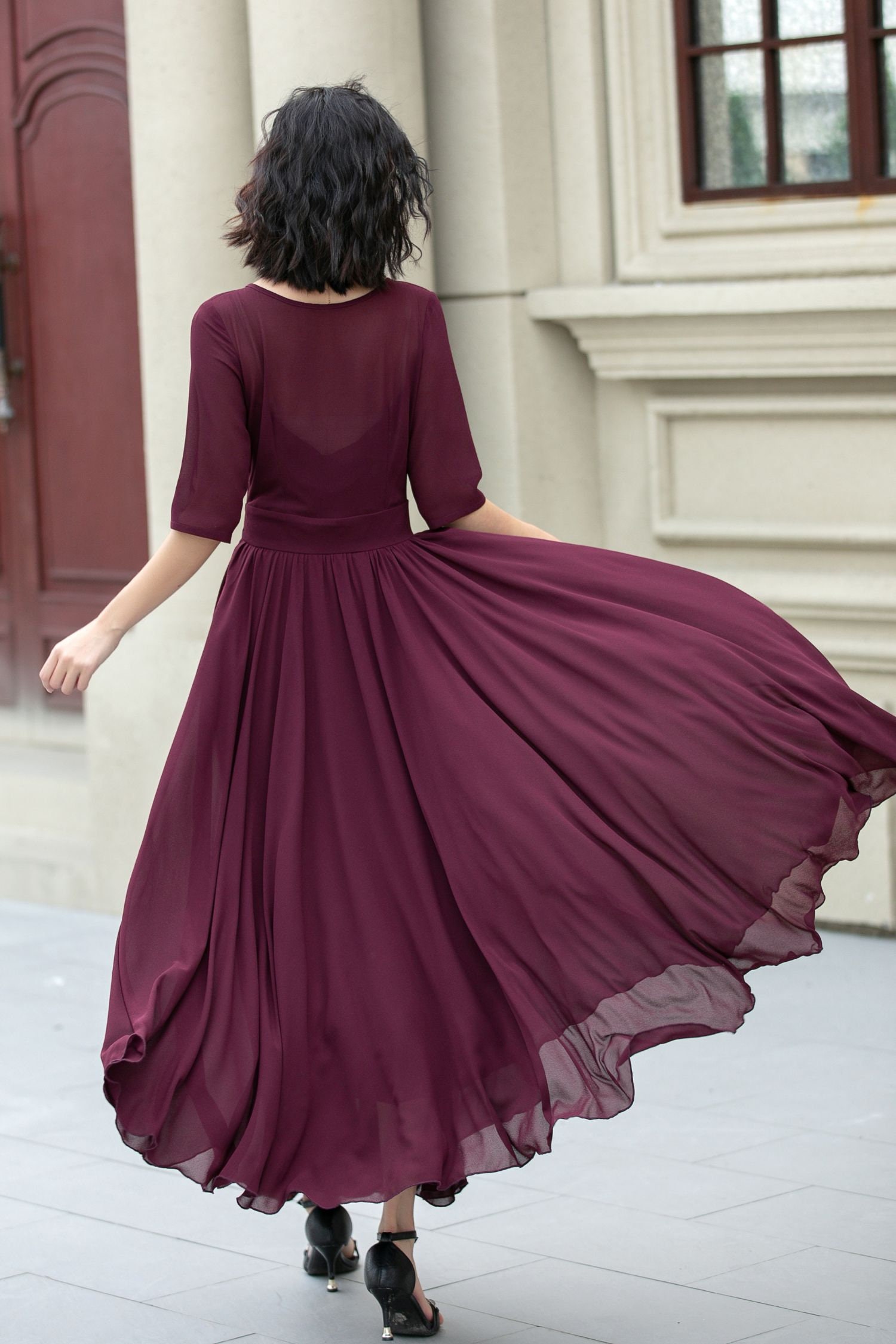 Chiffon Maxi Dress, Fit and Flare Chiffon Dress, Women Burgundy Dress,  Summer Swing Dress, Prom Chiffon Dress, Custom Dress, Xiaolizi 5113 - Etsy