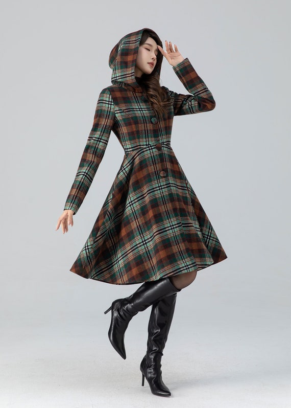 Hooded midi plaid winter wool coat women 4784 Hooded midi plaid winter wool coat women 4784