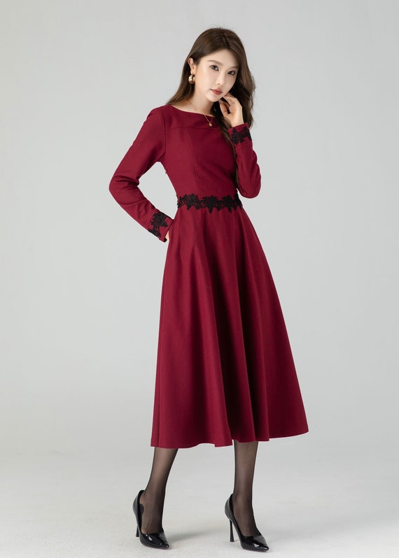 Burgundy midi winter wool dress with lace details 4544 Burgundy midi winter wool dress with lace details 4544