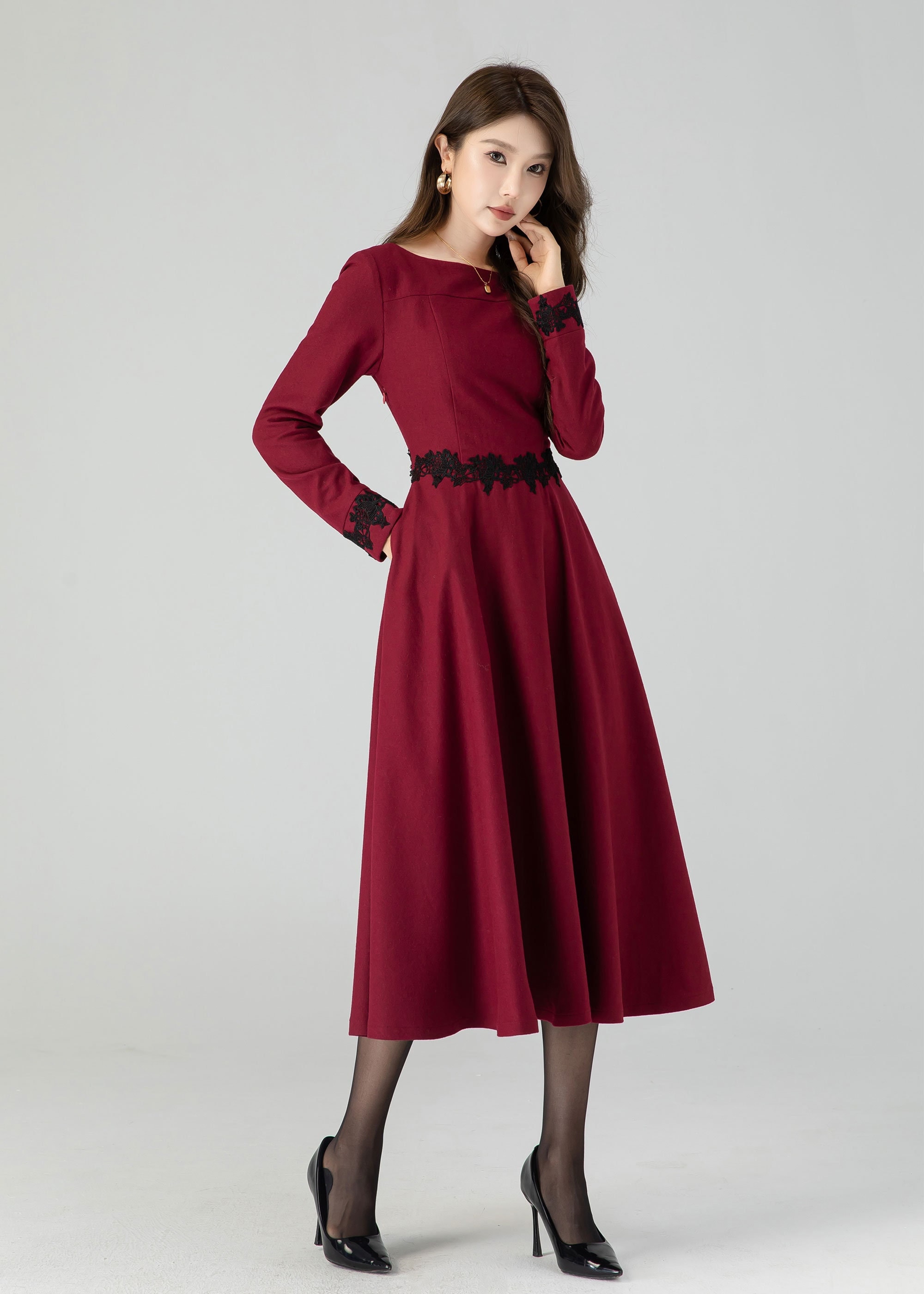 Burgundy midi winter wool dress with lace details 4544 Burgundy midi winter wool dress with lace details 4544