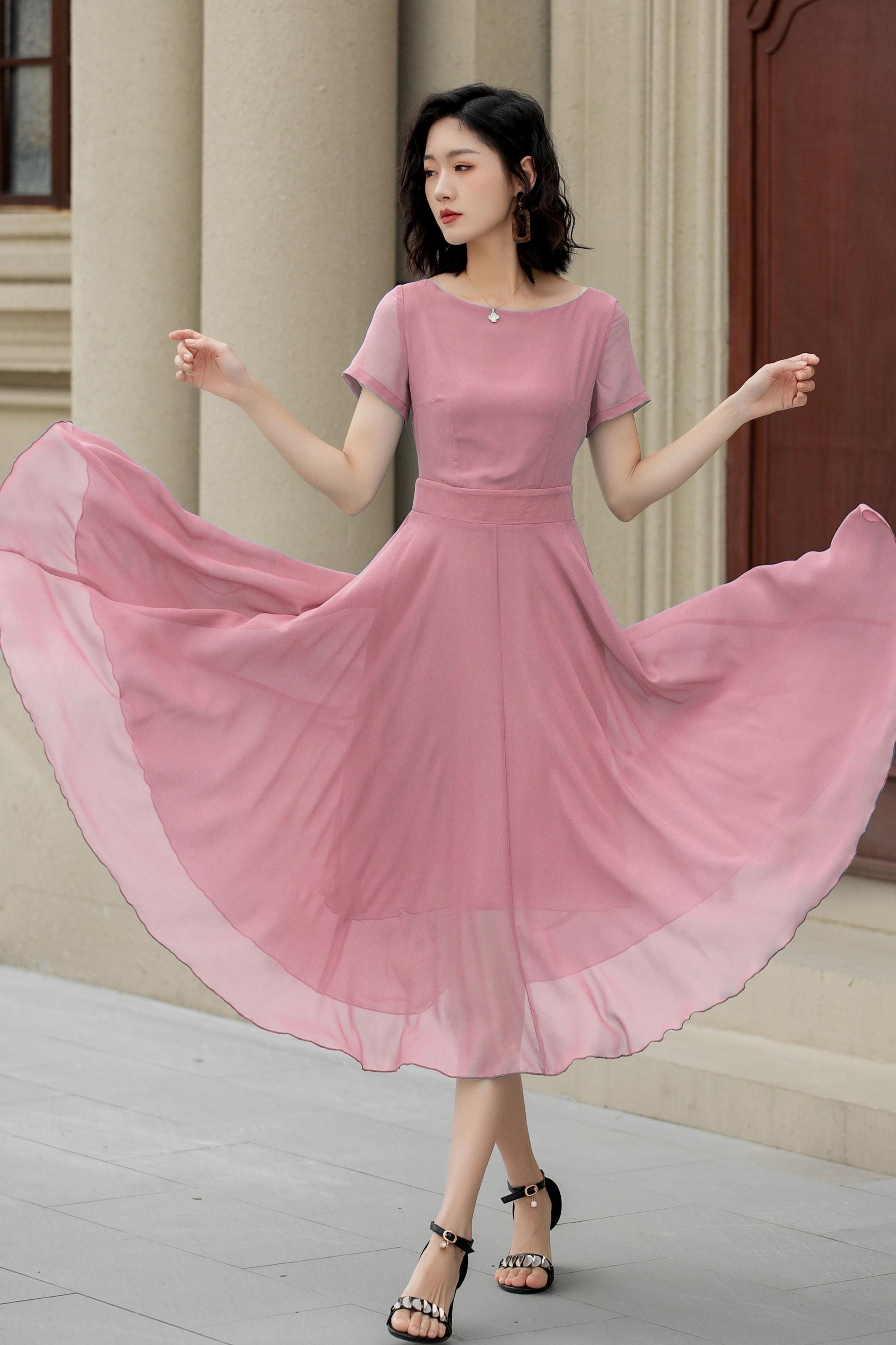 Summer Midi Linen Dress | Xs Pink Romantic And Flowy Spring Weddings & Garden Parties 6034 Handmade By Xiaolizi