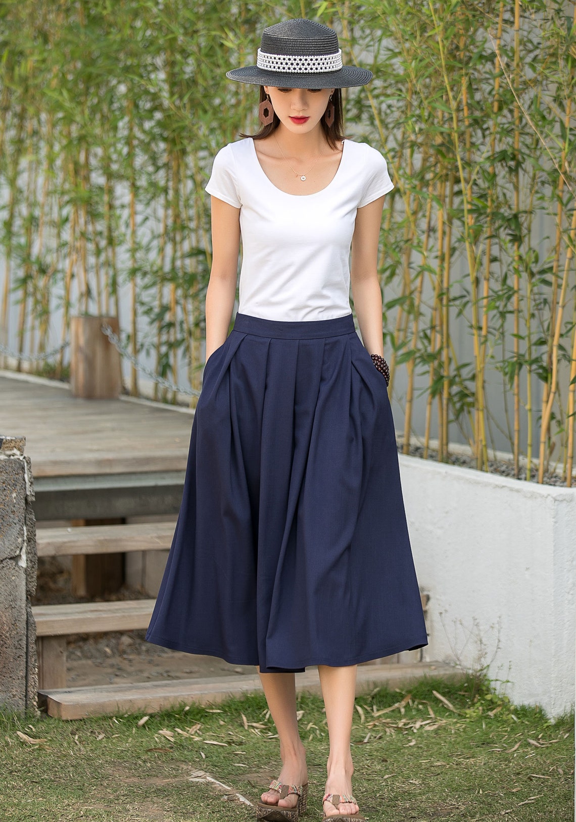 A Line pleated Midi skirt in blue Linen skirt pockets | Etsy