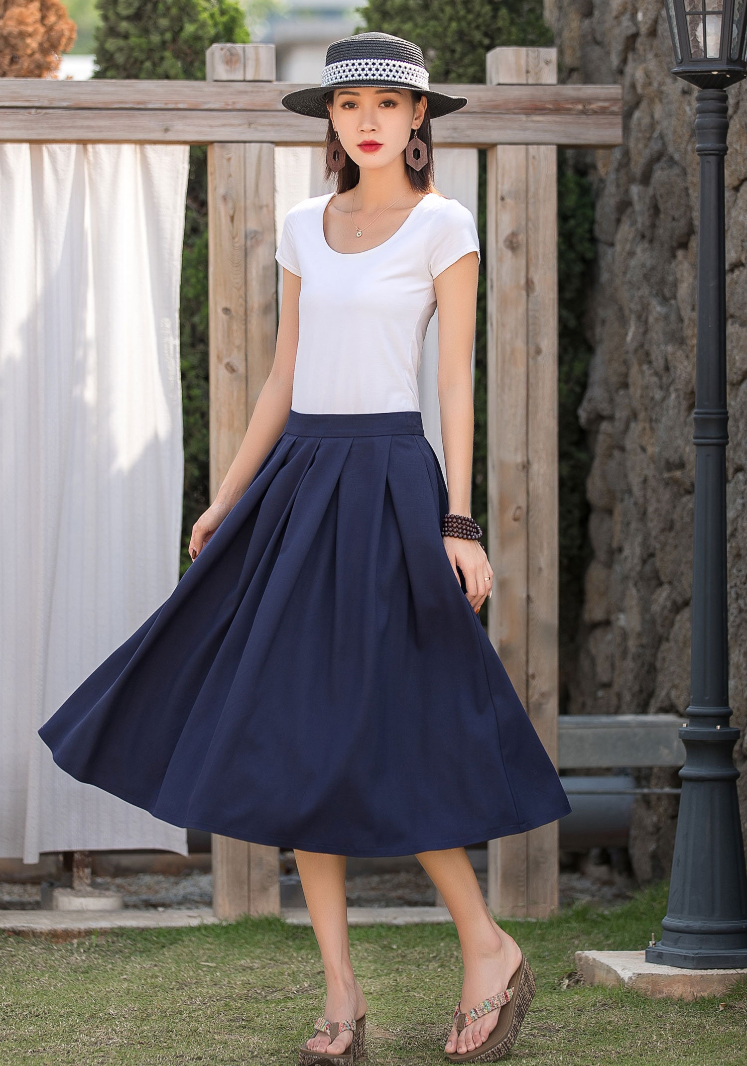 Linen Skirt Navy Pleated Skirt Midi A Line Skirt Vintage | Etsy