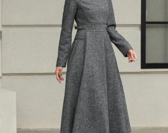 Gray Wool-blend Midi Dress: Long Sleeve Fit-and-flare Winter Dress