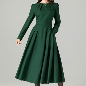 Green Wool Dress, Fit and Flare Wool Dress, Swing Dress, Winter/fall ...