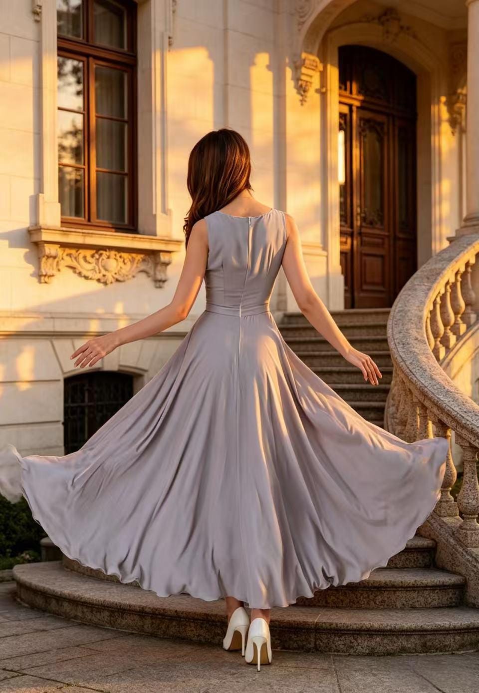 Gray Chiffon Maxi Dress, Sleeveless Fit and Flare, Custom