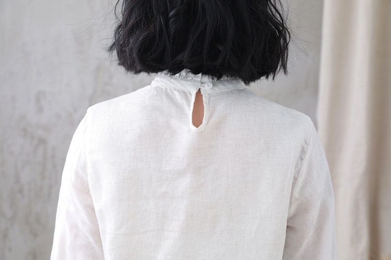 Women's white Linen Blouse, Plus Size Blouse, Minimalist Blouse, Long Sleeve Linen Blouse, Spring Summer Blouse, Custom Tops, Xiaolizi 3344 image 6