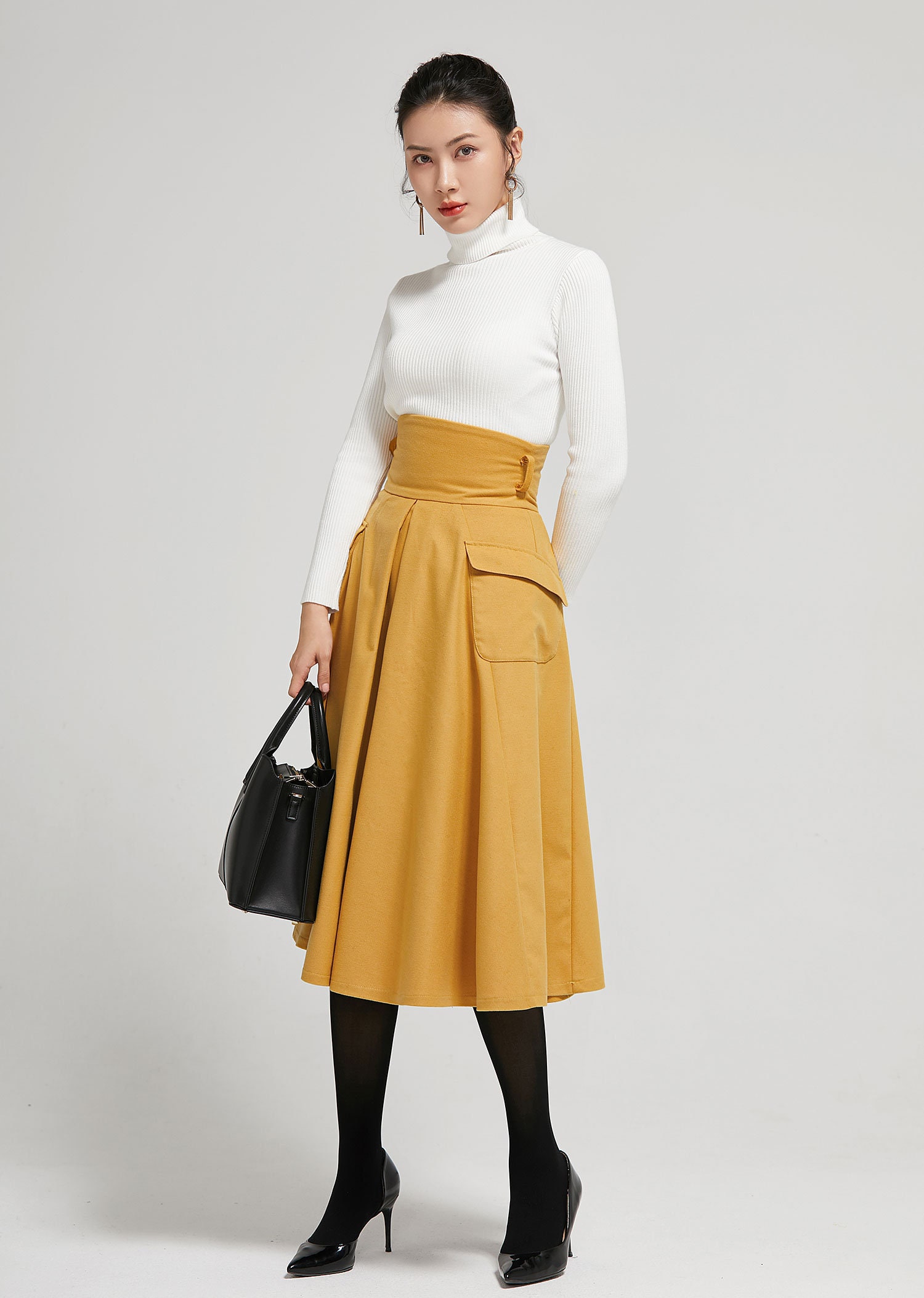 High waisted skirt with pockets Wool skirt Pleated skirt Etsy