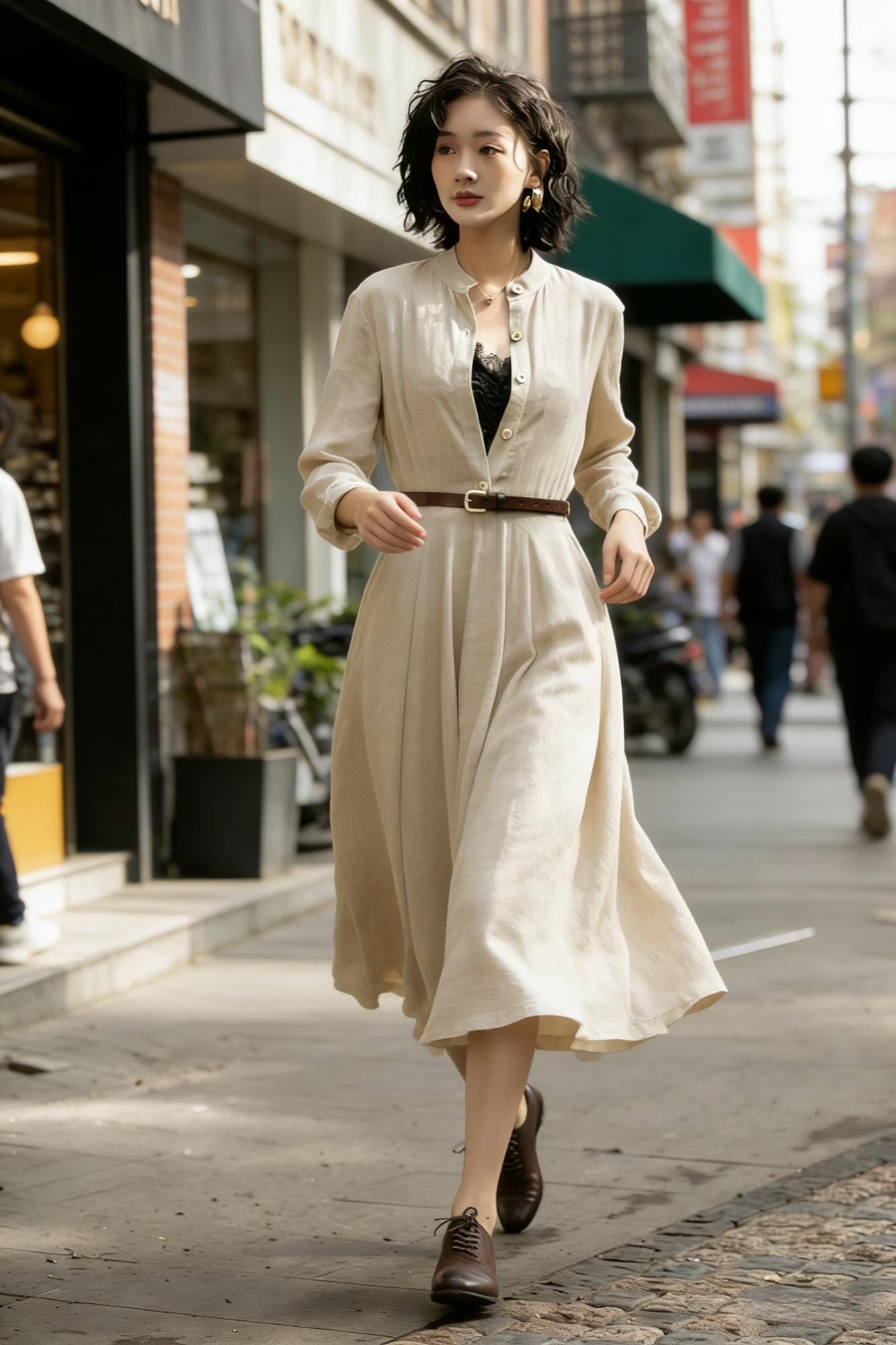 Linen Cotton Midi Dress | Button Front Swing Dress  Xiaolizi Beige / L