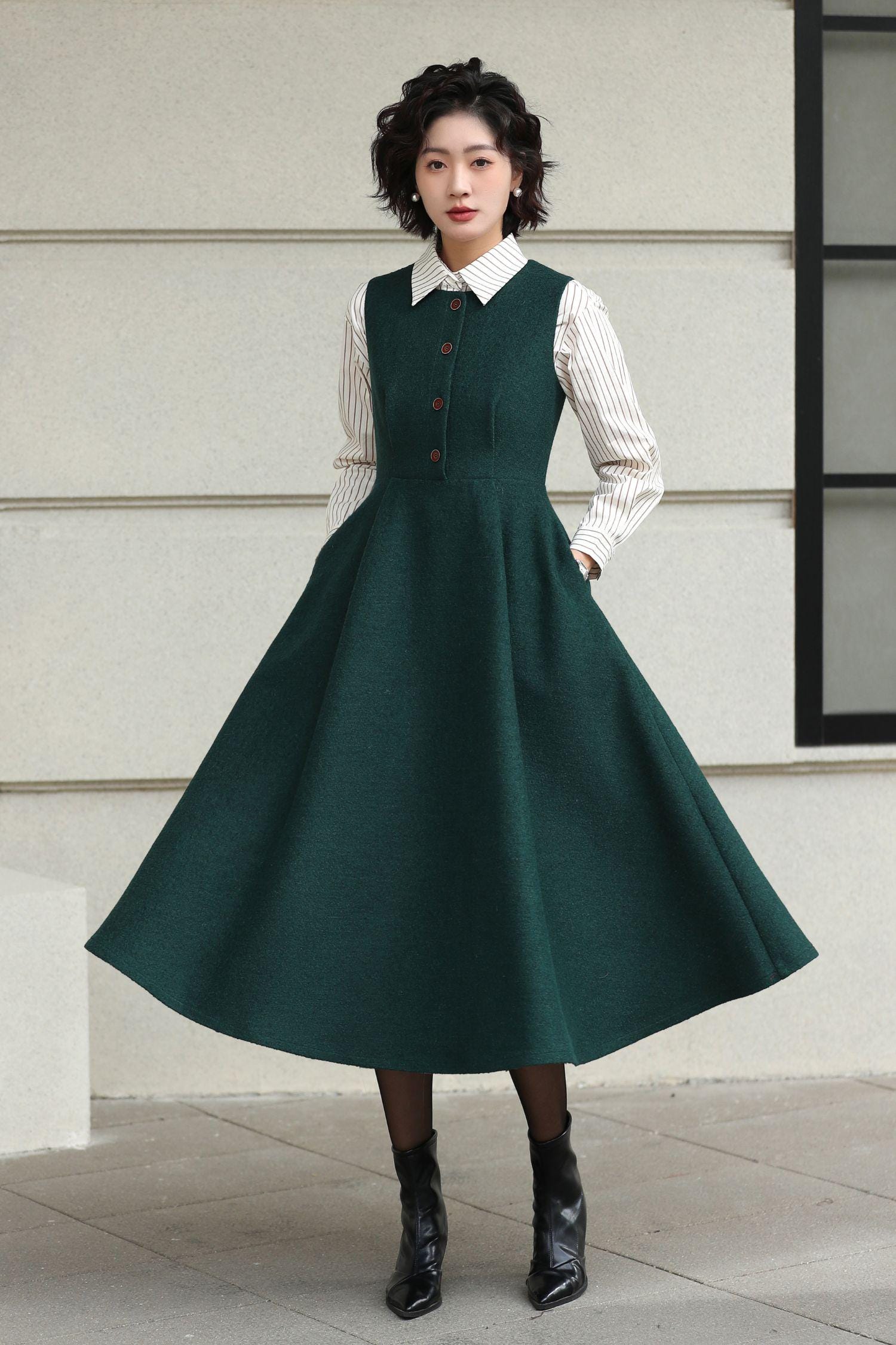 Green Wool Blend Midi Dress: Classic Sleeveless A-line Winter