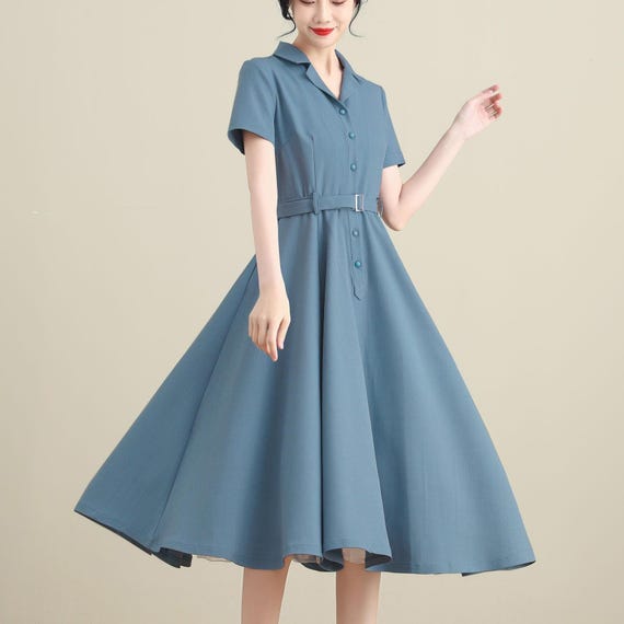Vintage Inspired Linen Women Short Sleeve Shirtwaist Dress 3277# Vintage Inspired Linen Women Short Sleeve Shirtwaist Dress 3277#