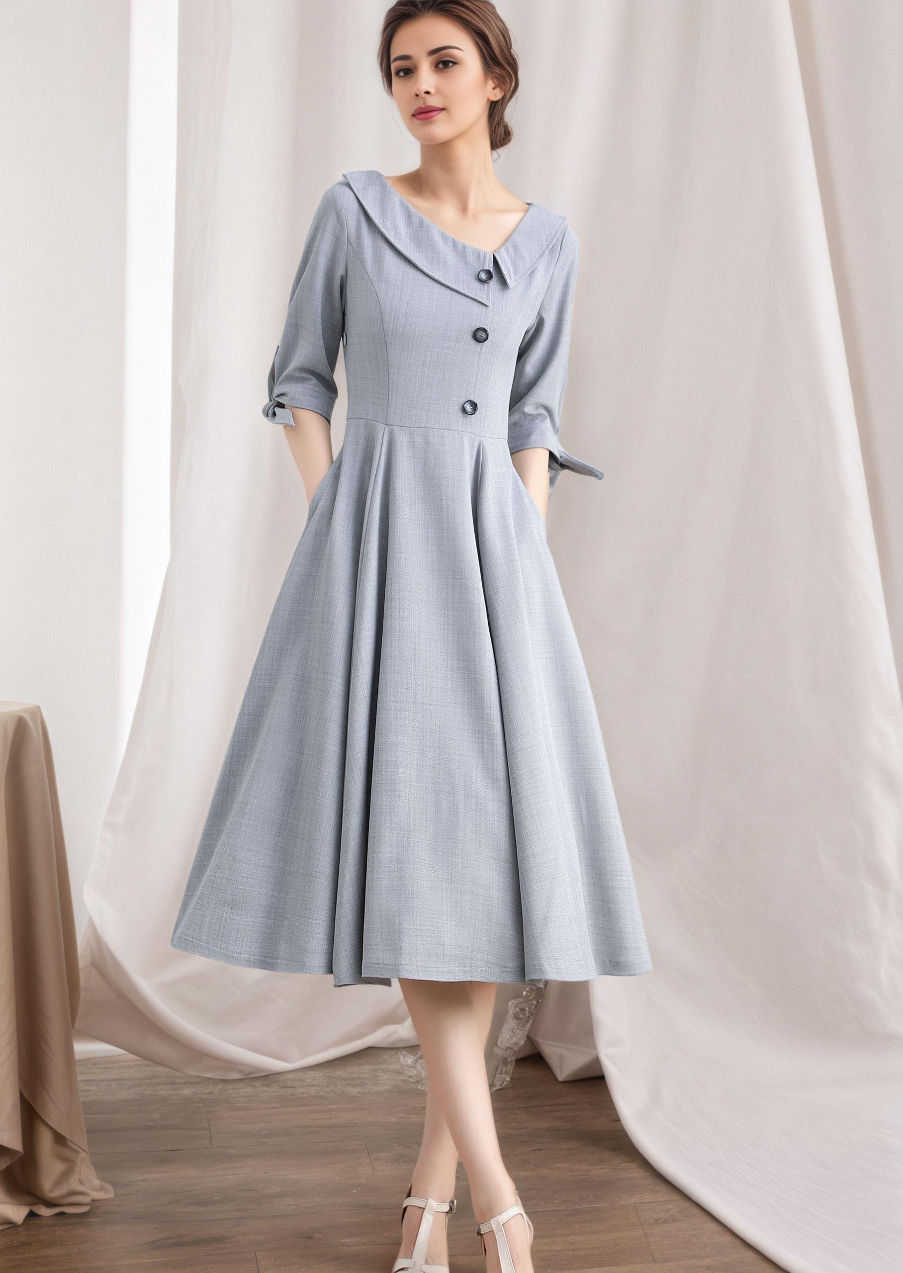 BEST [CHICLINE] Solier 配色 Collar Flared Dress (Long, Mini) Mare Linen Contour Panelled Mini Dress | Black | Dresses