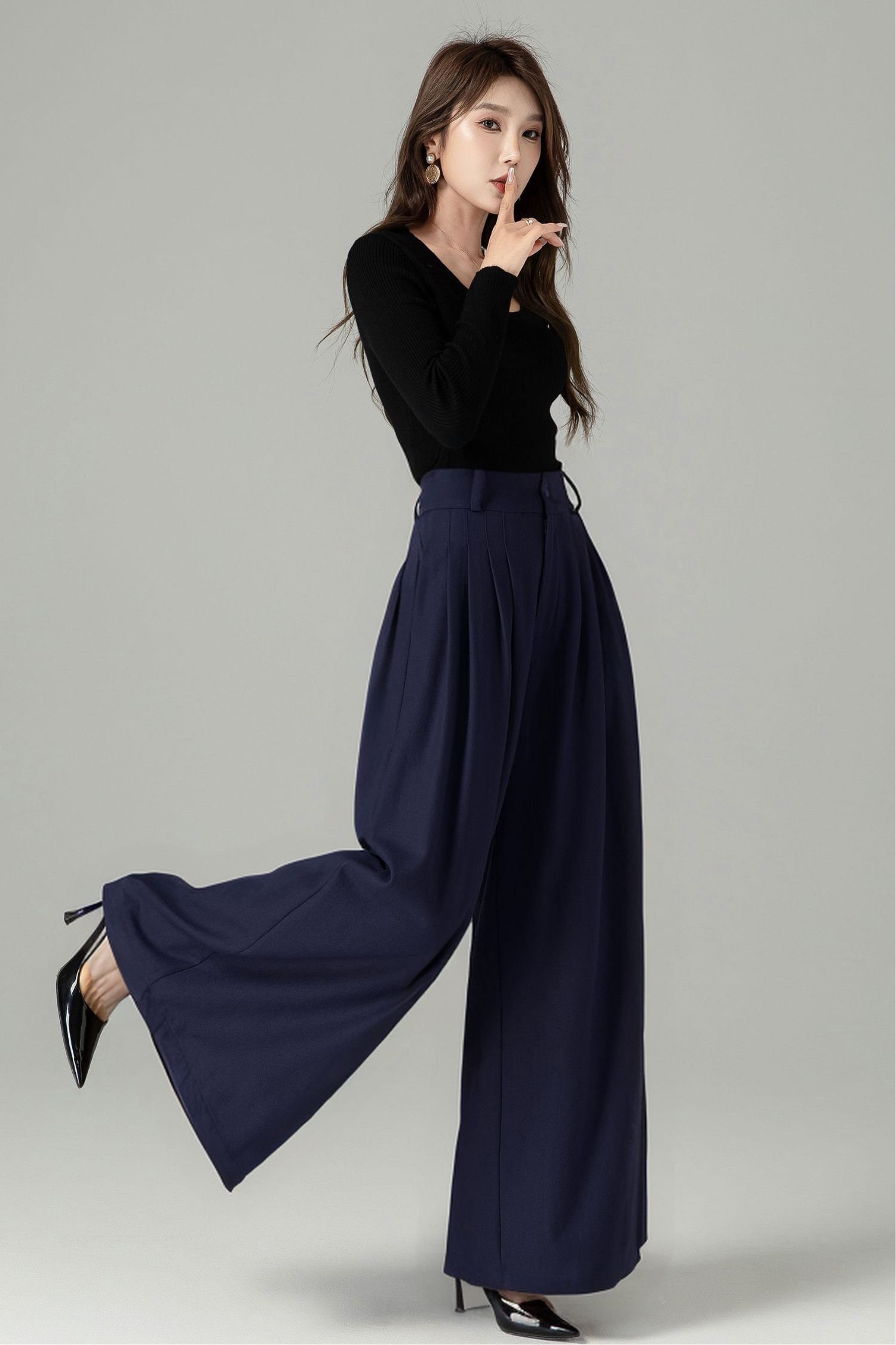 Wide Leg Wool Pants, Dark Blue Long Wool Pants, Belted Palazzo