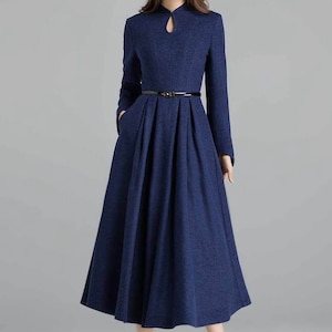 Vintage Inspired Winter Wool Dress Women, Mandarin Collar Wool Dress, A-Line Green Wool Dress, Retro Swing Long Dress, Xiaolizi 1621 3-blue