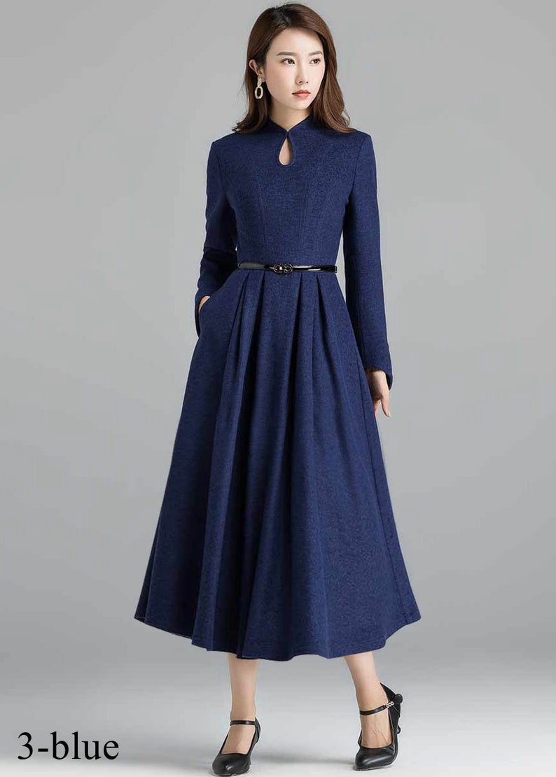 Vintage Inspired Winter Wool Dress Women, Mandarin Collar Wool Dress, A-Line Green Wool Dress, Retro Swing Long Dress, Xiaolizi 1621 3-blue