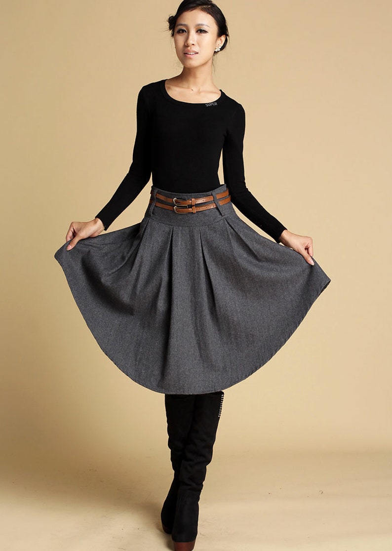 Winter Asymmetrical Wool Skirt Women, Pleated Wool Midi Skirt, Skater Skirt with pocket, Wool Circle skirt, Retro Grey Skirt XiaoLizi 0359 image 3