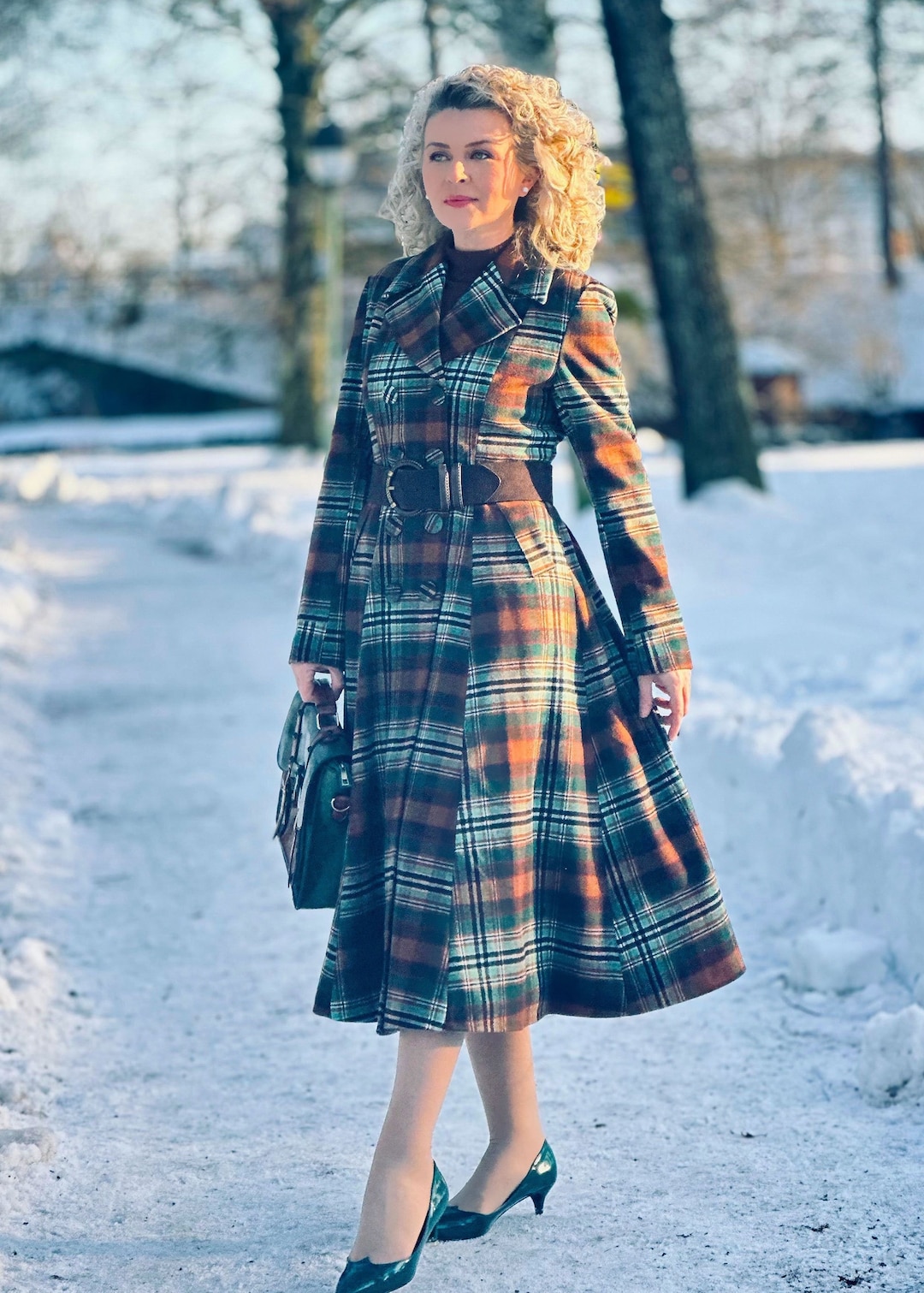 Wollmantel, karierter Wollmantel, langer Wollmantel Frauen, A-Linie