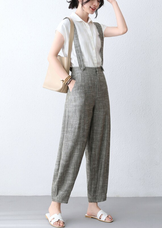 Linen Suspender Pants Women High 
