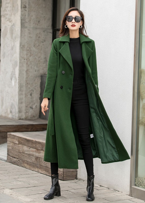 British Style Long Wool Coat in Green Warm Coat Women Vintage Winter Coat  Fit and Flare Solid Coat Maxi Soft Wool Coat With Belt 2842 