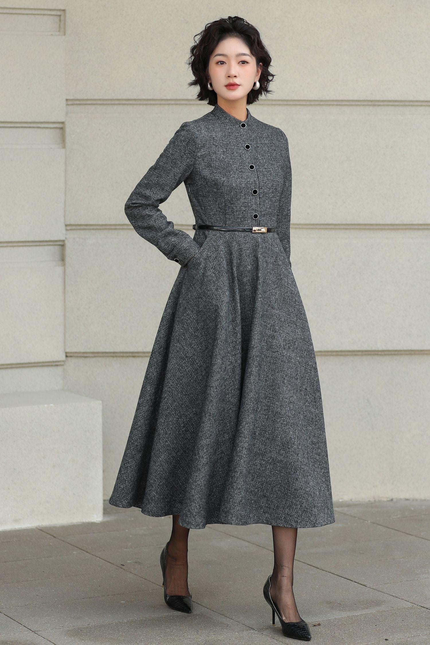 Wool A-line Midi Dress: Gray Belted Vintage Style, Custom