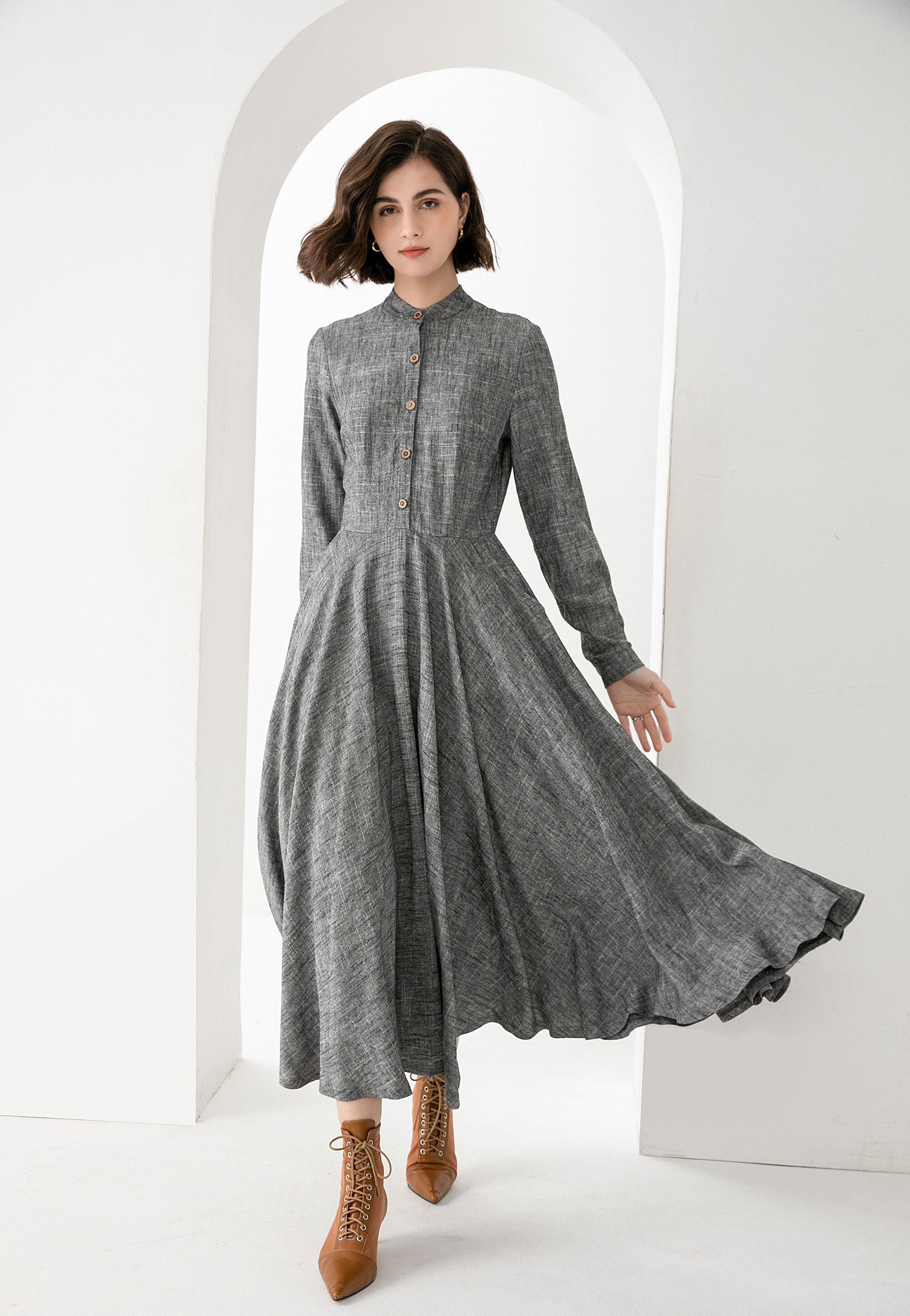 Linen Shirt Dress, Gray Linen Maxi Dress, Long Sleeve Linen Dress