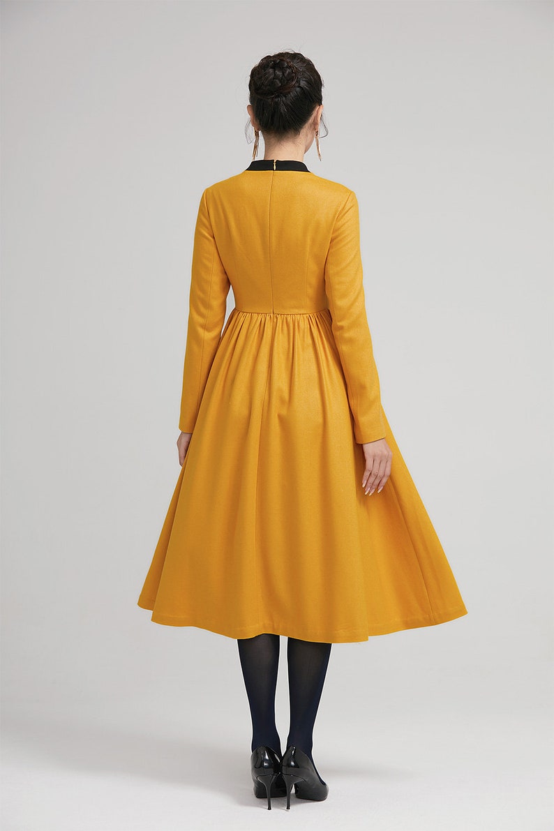 yellow dress, winter wool dress, fit and flare dress, formal dress, warm dress, womens dresses, long sleeves dress, modern dress 2233 image 6