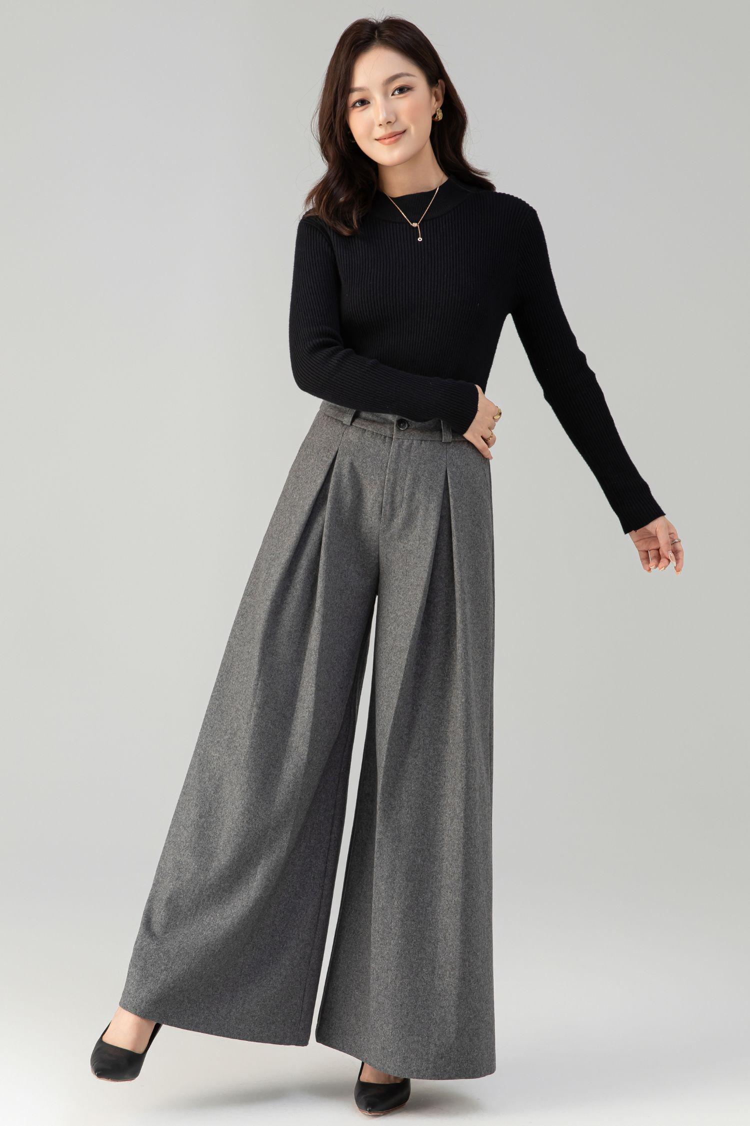 Gray Wool Blend Wide Leg Pants: High Waisted Women's Pleated