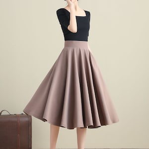Khaki Swing Linen Skirt, A Line Full Skirt, High Waist Flared Skirt for ...